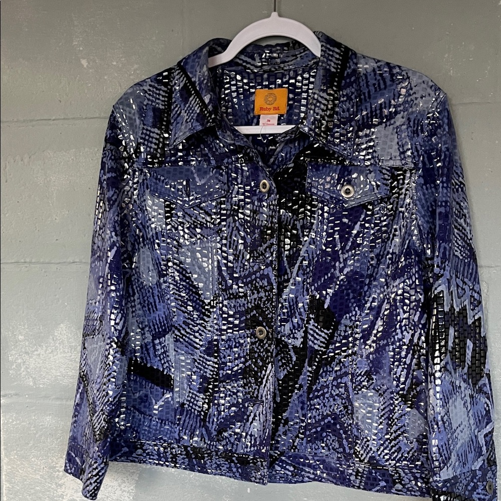 Ruby Rd Blue Abstract Print Stretch Jacket Size 1… - image 2